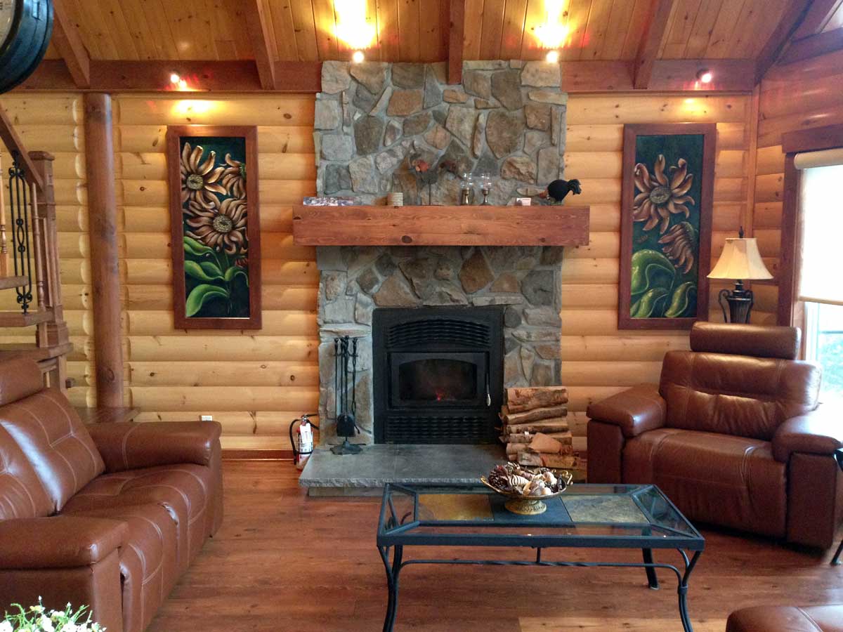 Grand salon avec foyer de bois